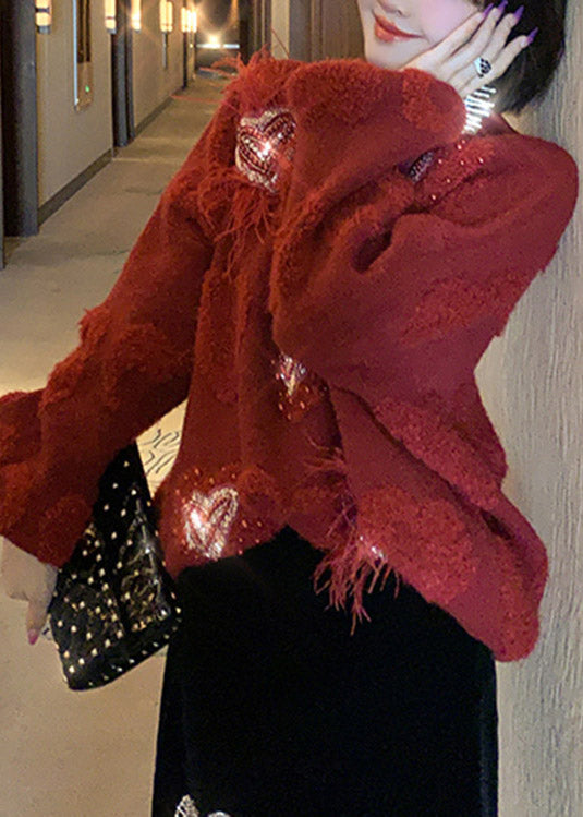Red V Neck Loving Heart Nail Bead Thick Knit Sweater Fall