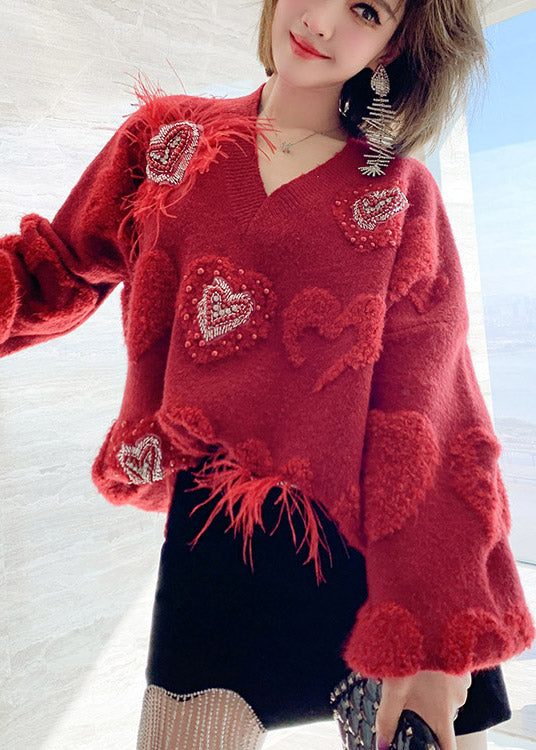 Red V Neck Loving Heart Nail Bead Thick Knit Sweater Fall