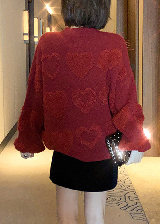Red V Neck Loving Heart Nail Bead Thick Knit Sweater Fall