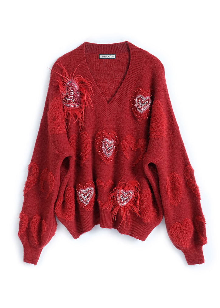 Red V Neck Loving Heart Nail Bead Thick Knit Sweater Fall