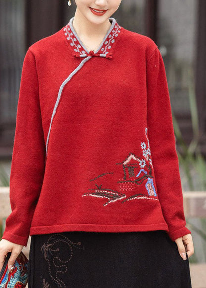Red V Neck Oriental Button Embroideried Knit Tops Winter