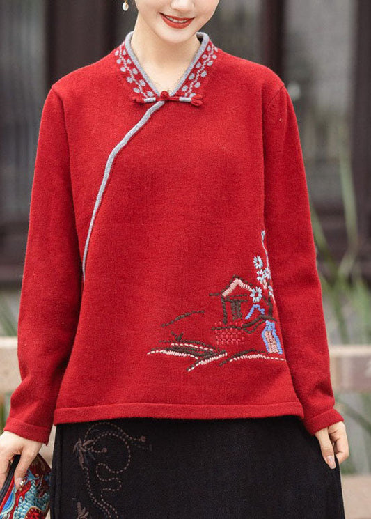 Red V Neck Oriental Button Embroideried Knit Tops Winter