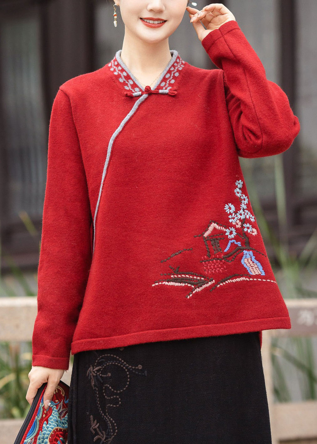 Red V Neck Oriental Button Embroideried Knit Tops Winter