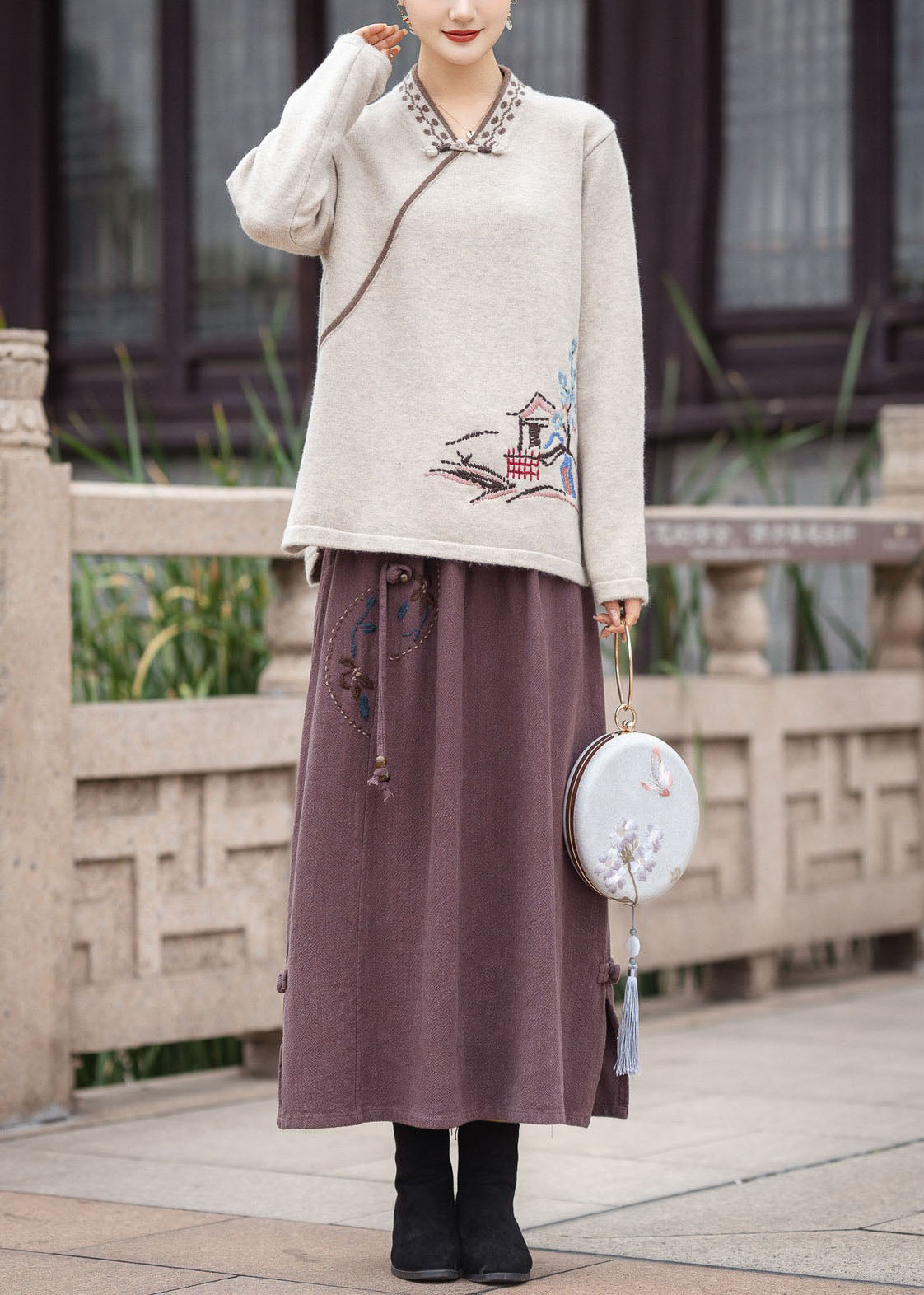Red V Neck Oriental Button Embroideried Knit Tops Winter