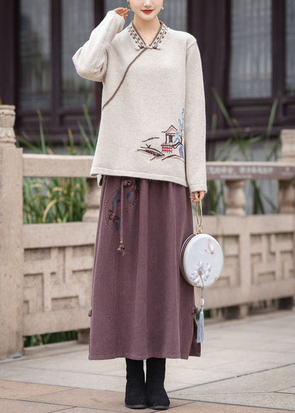 Red V Neck Oriental Button Embroideried Knit Tops Winter