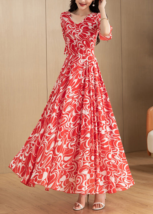 Red V Neck Print Chiffon Long Dress Summer