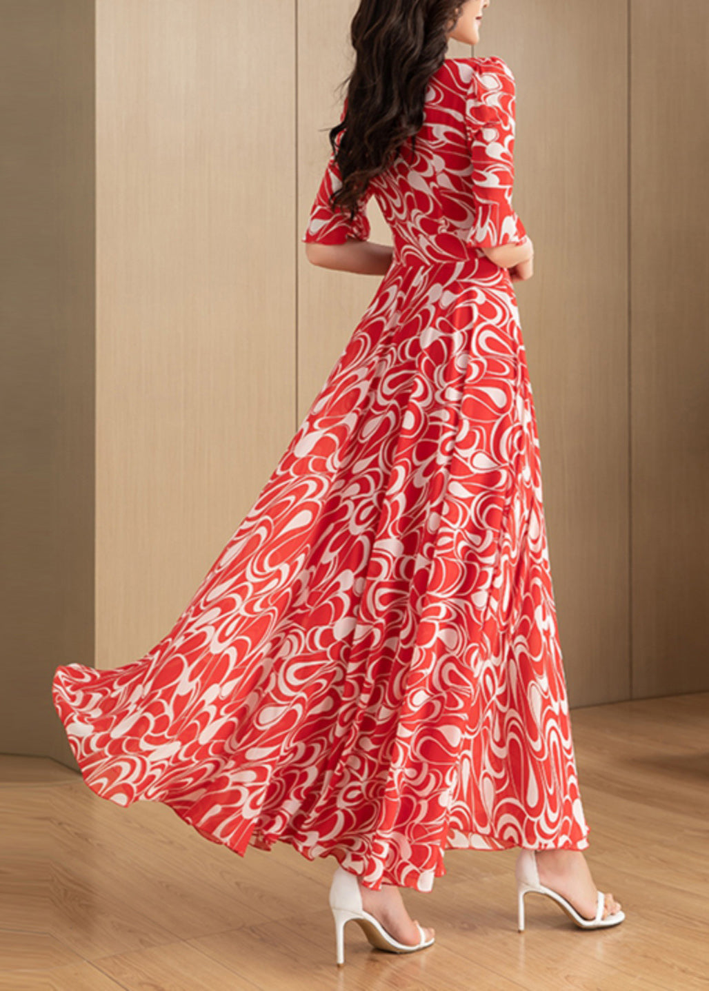 Red V Neck Print Chiffon Long Dress Summer