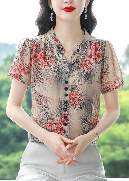 Red V Neck Print Chiffon Shirts Summer