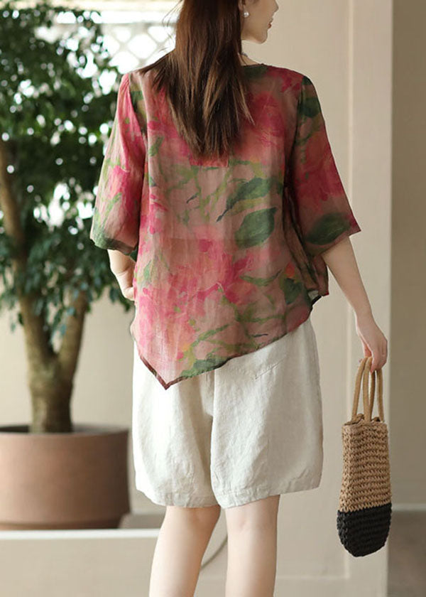 Rose O Neck Print Button Patchwork Linen Blouses Tops Summer