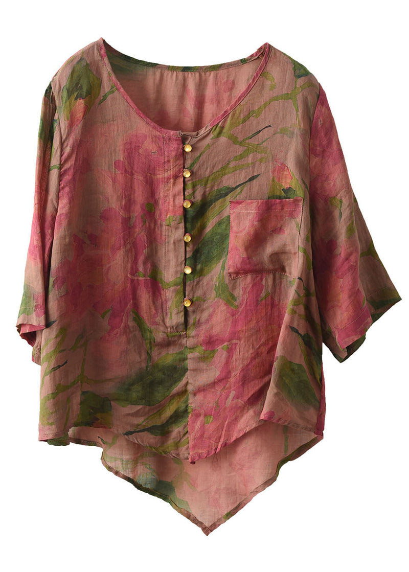 Rose O Neck Print Button Patchwork Linen Blouses Tops Summer