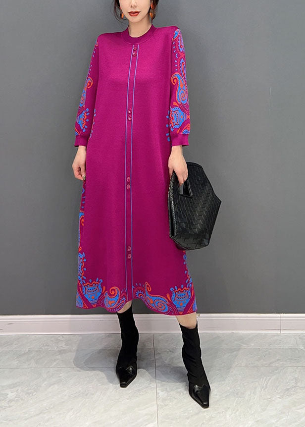 Rose Print Button Knit Vacation Dresses Spring