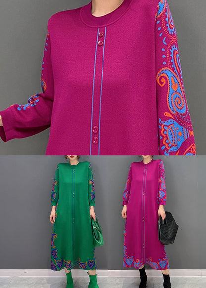 Rose Print Button Knit Vacation Dresses Spring