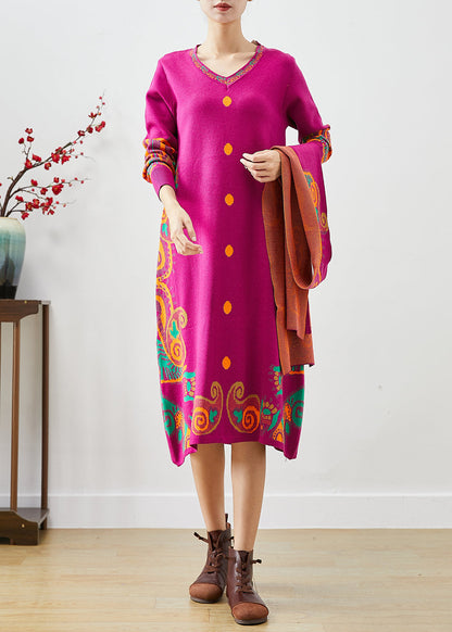 Rose Print Complimentary Scarf Knit Dress Fall