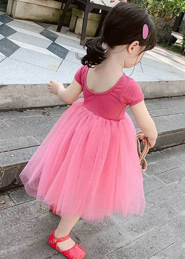 Rose Ruffled Patchwork Tulle Kids Off the Back Dress Summer