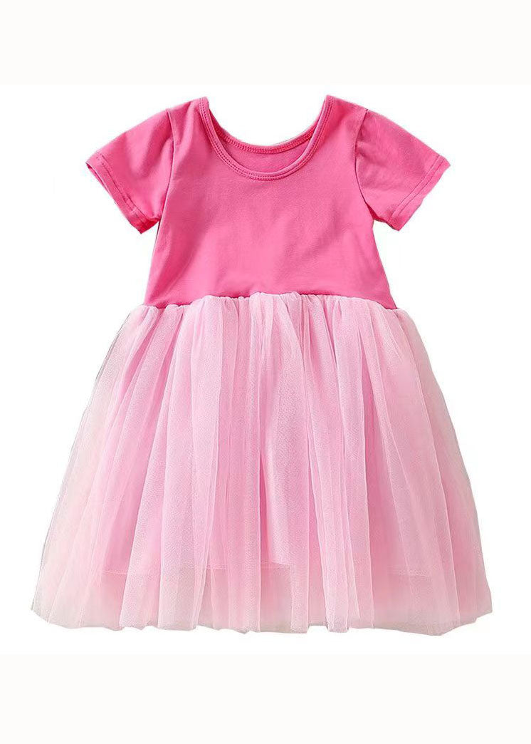 Rose Ruffled Patchwork Tulle Kids Off the Back Dress Summer