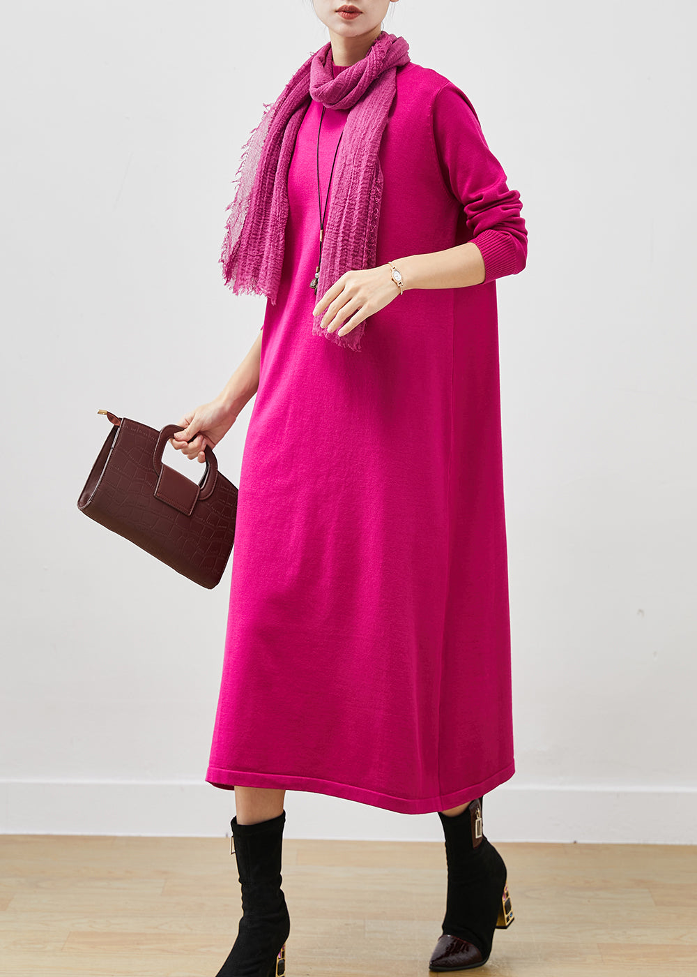 Rose Stand Collar Silm Fit Long Knit Dress Spring