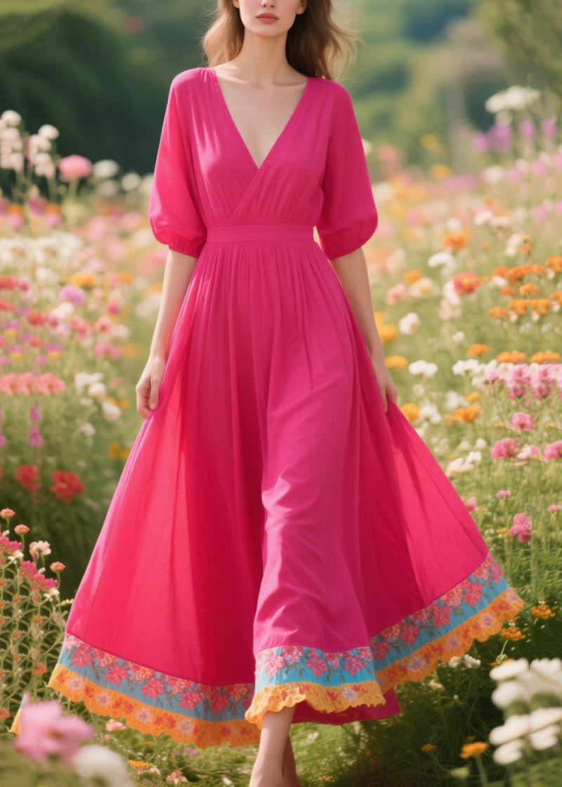 Rose V Neck Patchwork Exra Large Hem Cotton Dresses Summer