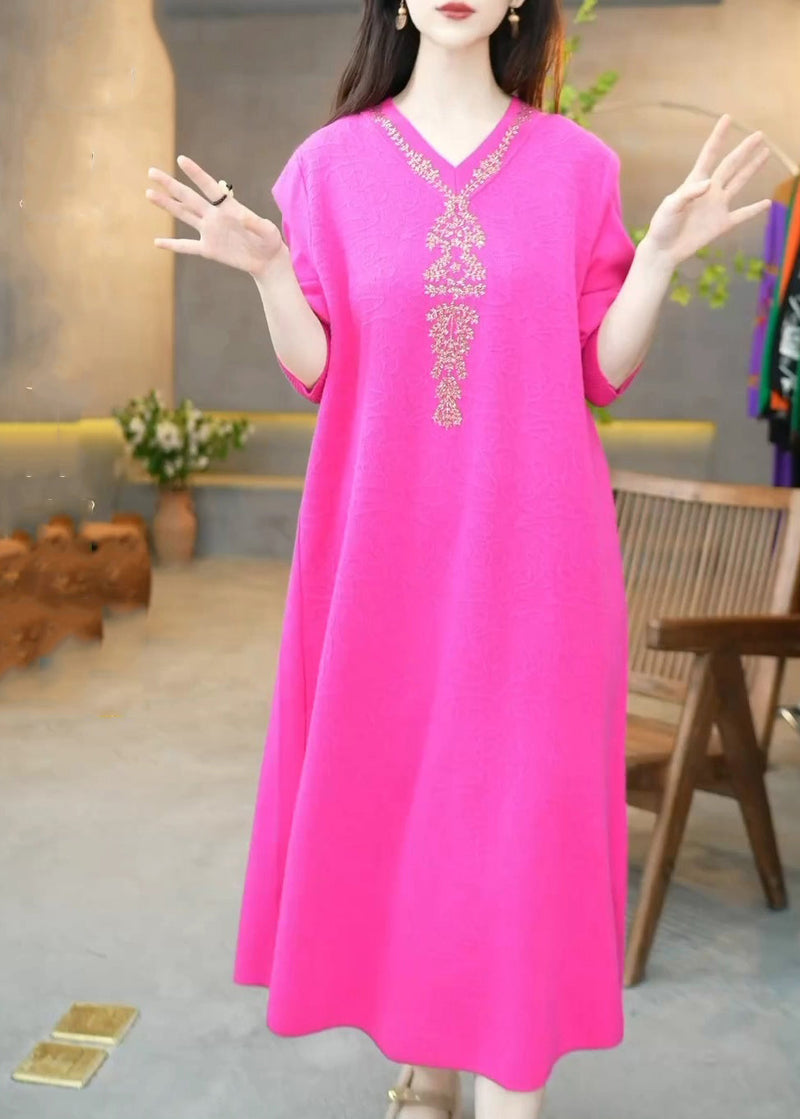 Rose V Neck Zircon Knit Long Dress Winter