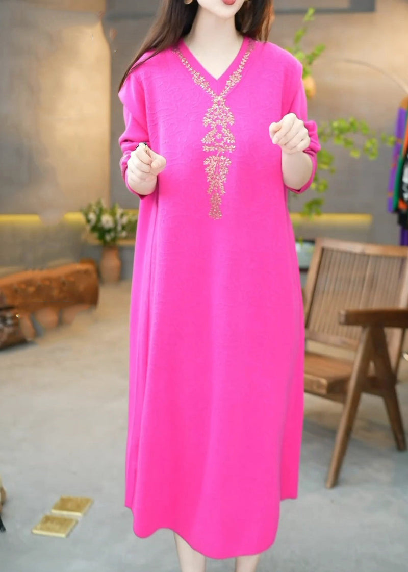 Rose V Neck Zircon Knit Long Dress Winter
