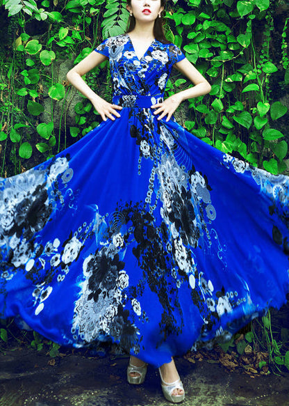 Royalblue Print Tunic Chiffon Long Beach Dress Short Sleeve