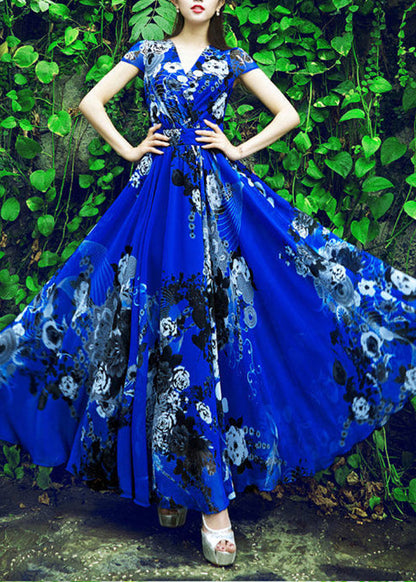Royalblue Print Tunic Chiffon Long Beach Dress Short Sleeve
