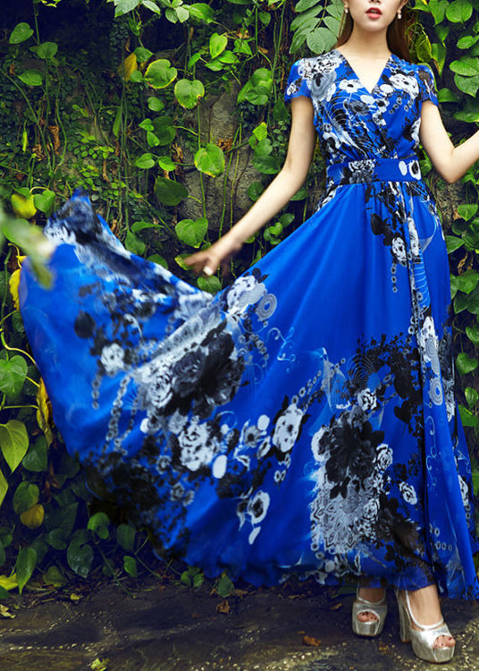 Royalblue Print Tunic Chiffon Long Beach Dress Short Sleeve