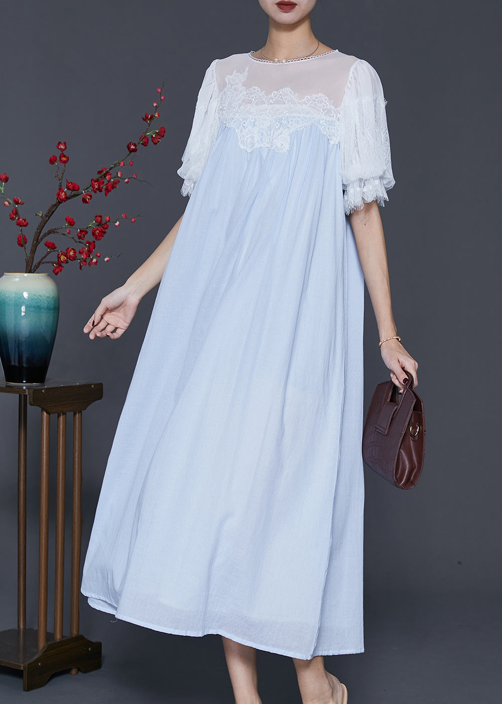 Sky Blue Embroidered Patchwork Chiffon Vacation Dresses Summer