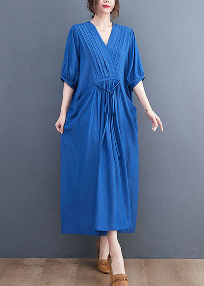 Blue Wrinkled V Neck Tie Waist Cotton Long Dress Short Sleeve