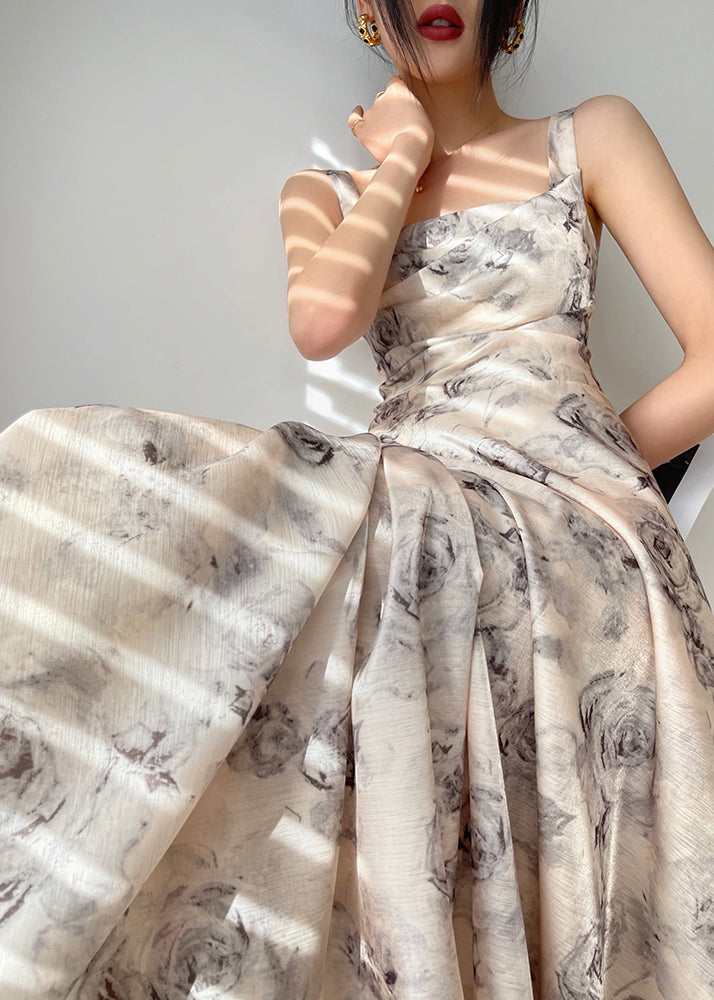 Square Collar Zippered Print Chiffon Maxi Dresses Sleeveless