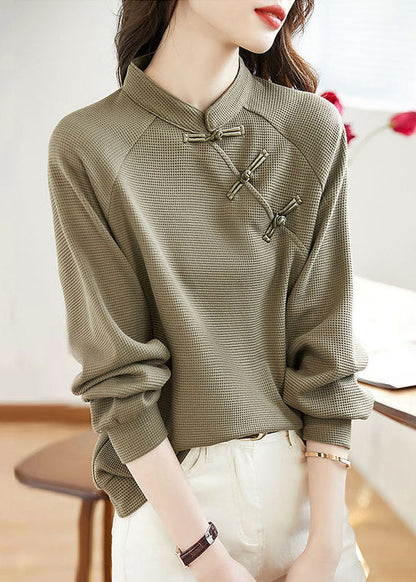 Stand Collar Green Button Patchwork Cotton Top Fall