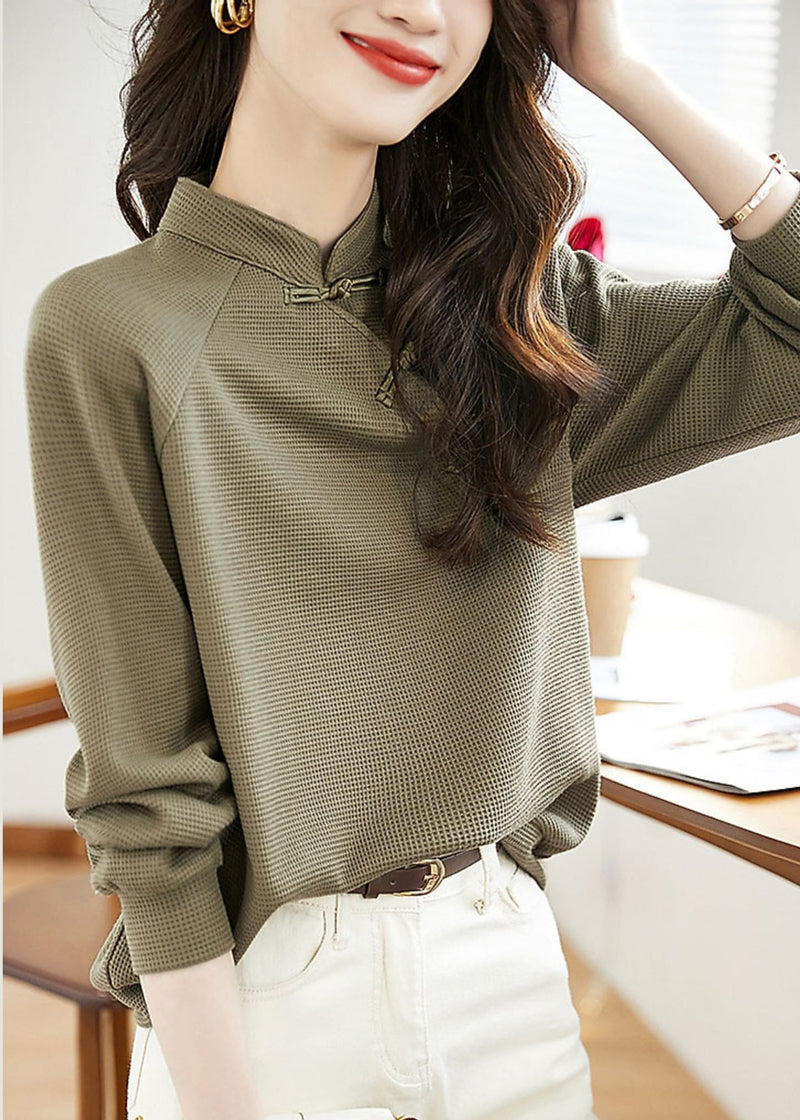 Stand Collar Green Button Patchwork Cotton Top Fall