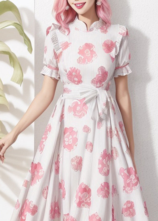 Stand Collar Print Tie Waist Silk Dresses Summer