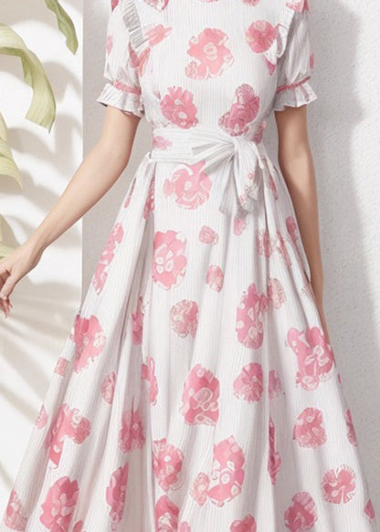 Stand Collar Print Tie Waist Silk Dresses Summer