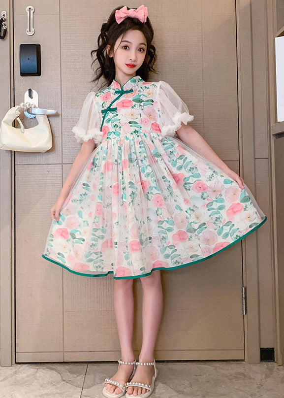 Stand Collar Tulle Patchwork Button Mid Dress Summer