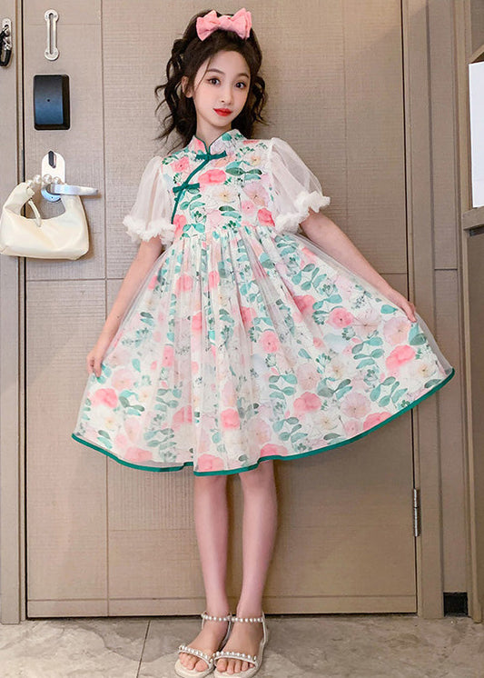 Stand Collar Tulle Patchwork Button Mid Dress Summer