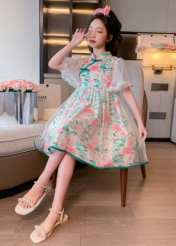 Stand Collar Tulle Patchwork Button Mid Dress Summer