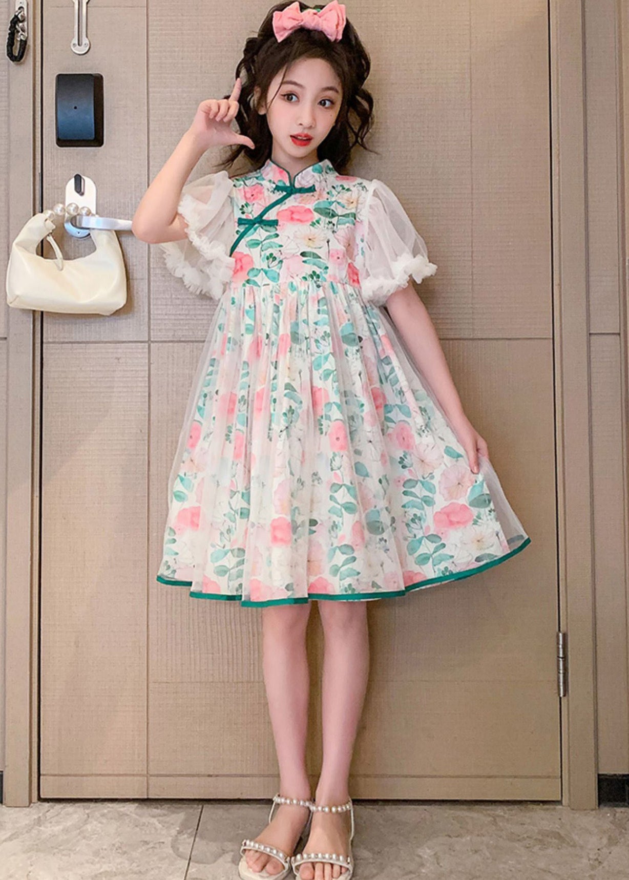 Stand Collar Tulle Patchwork Button Mid Dress Summer