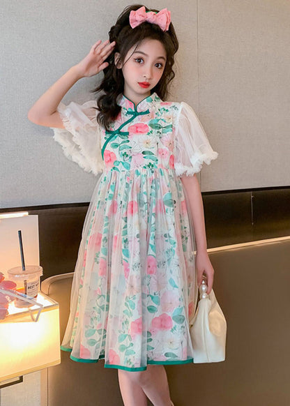 Stand Collar Tulle Patchwork Button Mid Dress Summer