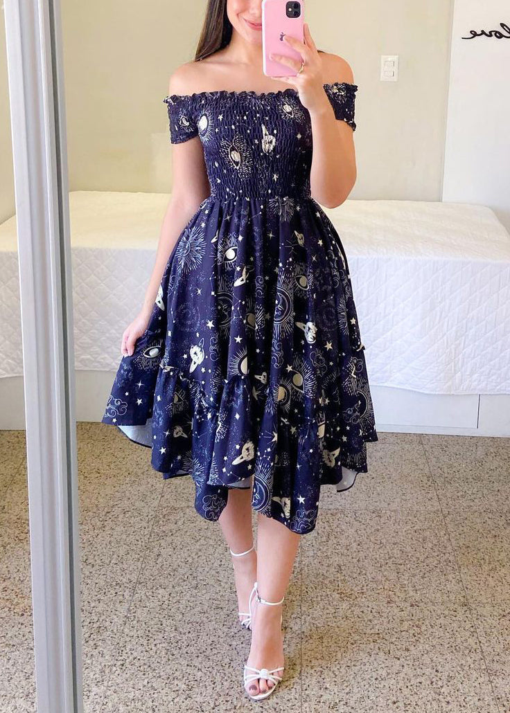 Sunflower Slash Neck Print Ruffled Cotton Dress Summer