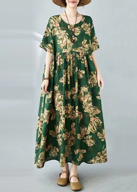 Tea Green Oversized Print Cotton Holiday Dress Summer