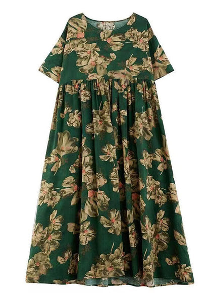 Tea Green Oversized Print Cotton Holiday Dress Summer