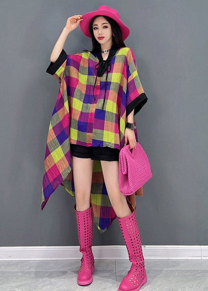 V Neck Asymmetrical Low High Design Plaid Dress Long Sleeve