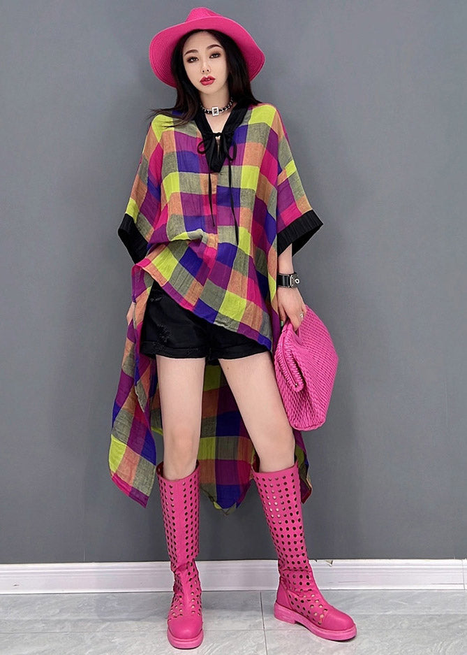 V Neck Asymmetrical Low High Design Plaid Dress Long Sleeve