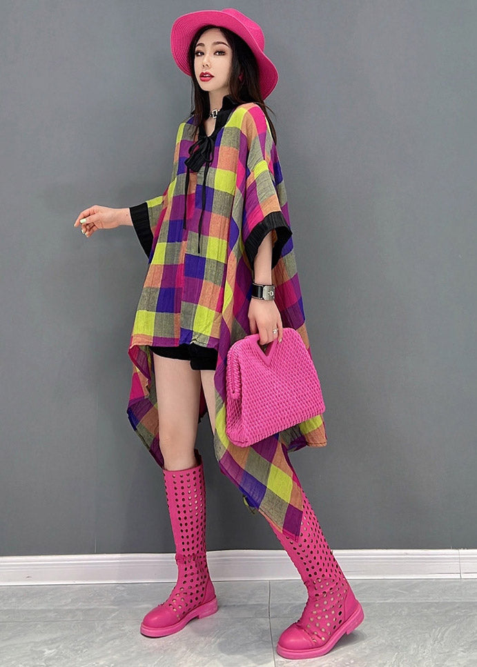 V Neck Asymmetrical Low High Design Plaid Dress Long Sleeve