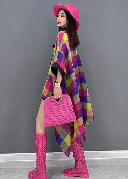 V Neck Asymmetrical Low High Design Plaid Dress Long Sleeve