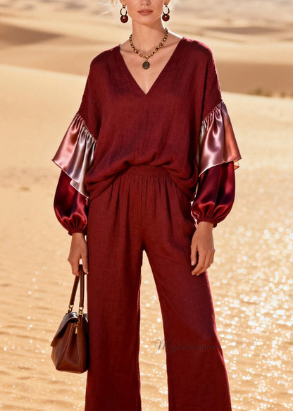 V Neck Patchwork Linen Silk Two Pieces Set Spring