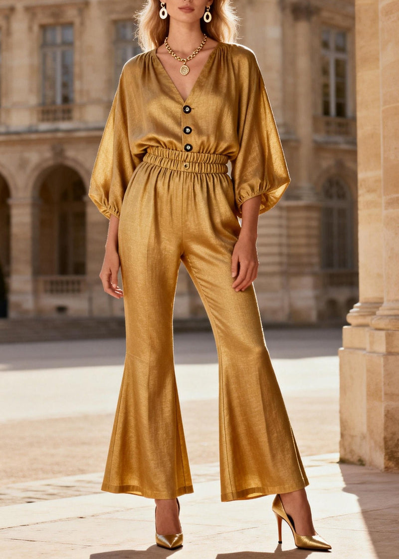 V Neck Patchwork Linen Silk Two Pieces Set Summer