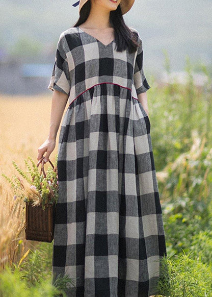 V-neck Patchwork Summer Black White Plaid Dresses