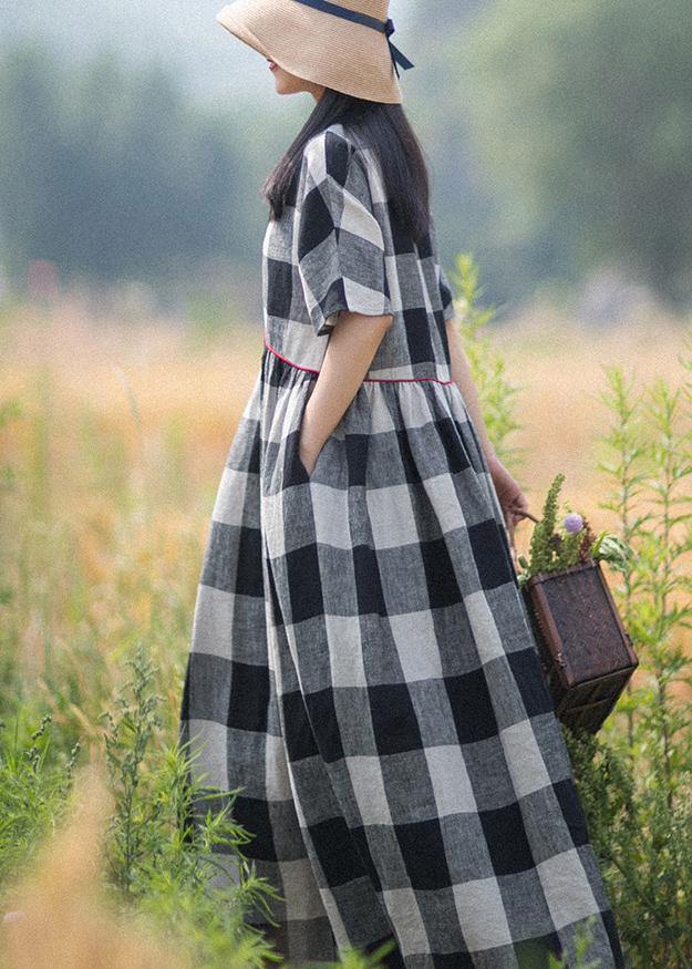 V-neck Patchwork Summer Black White Plaid Dresses