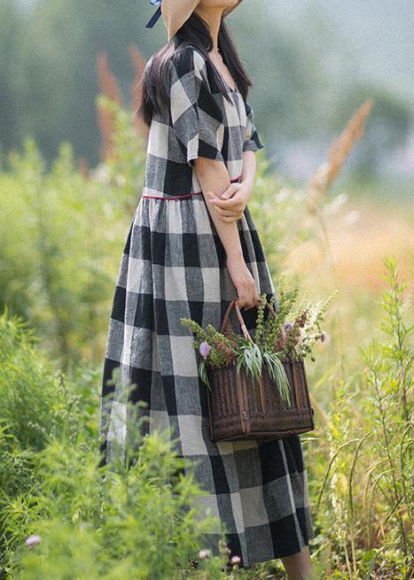 V-neck Patchwork Summer Black White Plaid Dresses